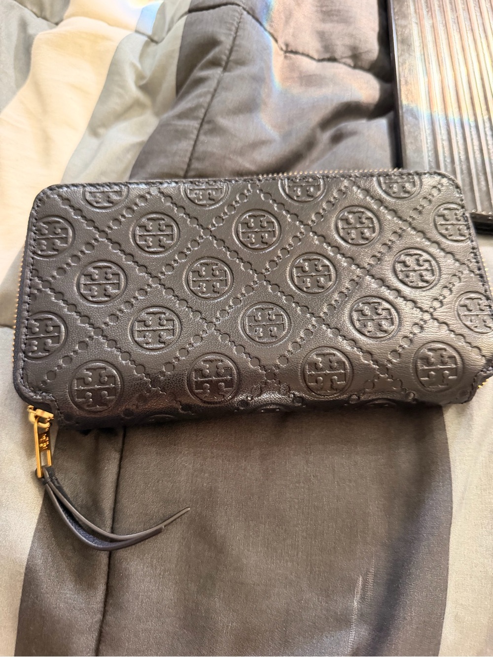 Tory Burch Black Embossed Logo Zip-Around Wallet with Gold Hardware